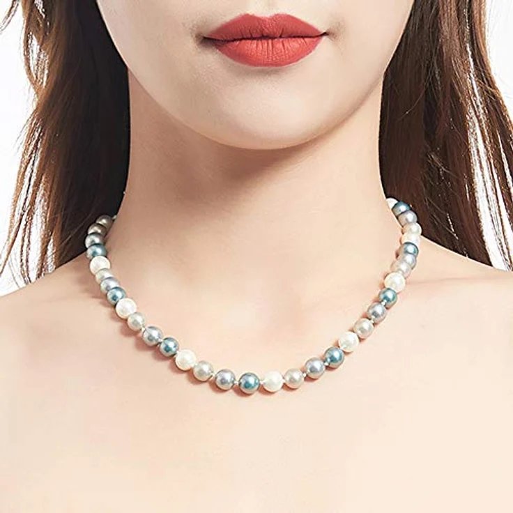 Bulinlin Damen Muschel Perlenkette Boho Choker Halskette aus umweltsicheren Materialien, 8mm in Grey Blue, mit Geschenkbox – Bild 2