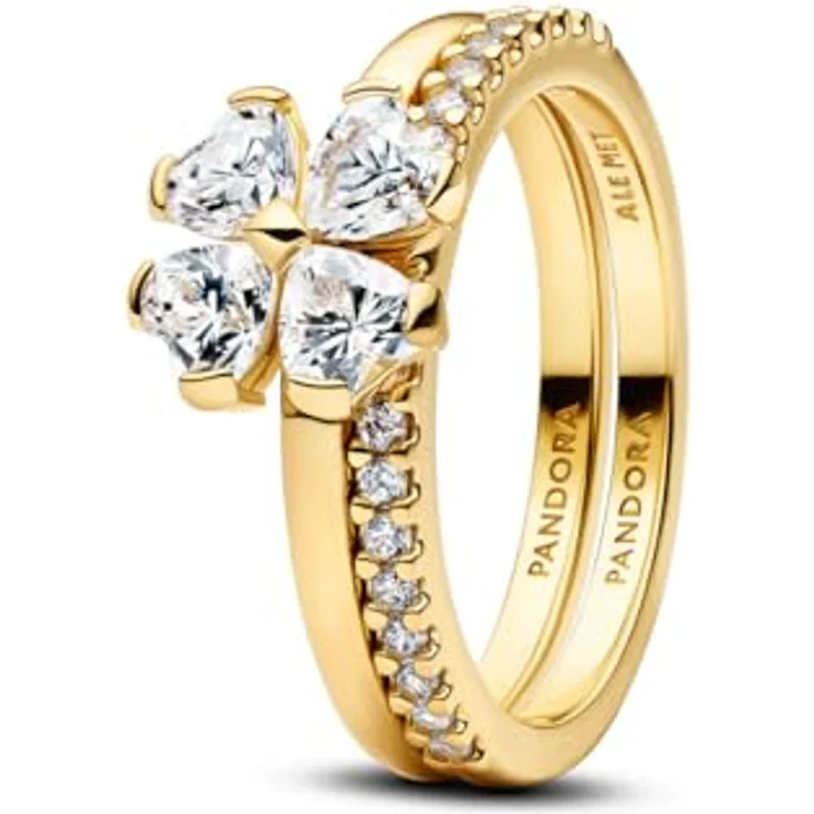 PANDORA Glücksklee Ring Set, 2er Damen Ringe in 14 Karat Vergoldung mit Cubic Zirkonia, herzförmige Steine, stapelbar, Größe: 54, 164507C01-54 – Bild 1