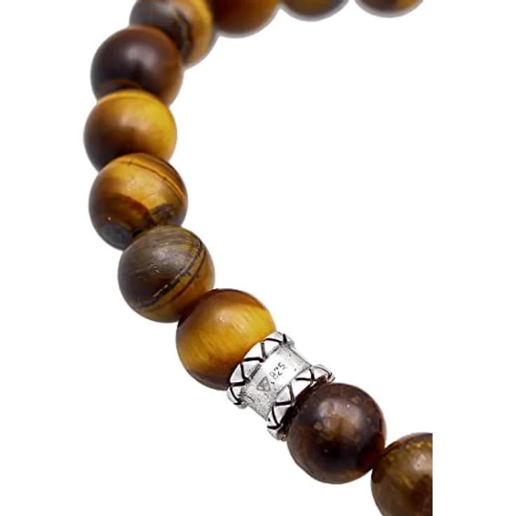 Kuzzoi Buddha Herren Armband Tigerauge (braun), Stretch-Perlen mit 925 Sterling Silber Totenkopf Bead, Chakra Yogaarmband, Länge 21 cm – Bild 4