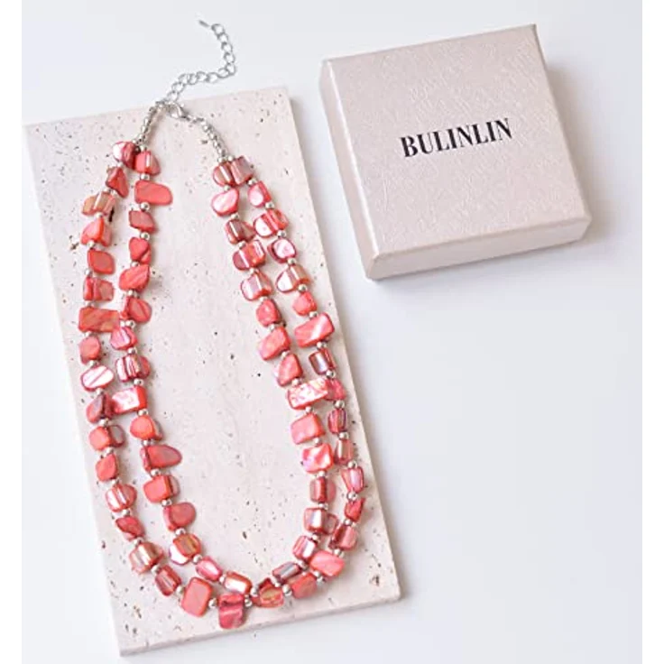 Bulinlin Boho Bunte Perlenkette Damen Muschelkette 43 cm + 7 cm Verlängerung, verstellbar, rot, handgemacht mit natürlichen Muscheln – Bild 5