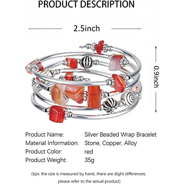FULU AUTUMN Damen Boho Armband, Mehrschichtiges Wickelarmband aus Silber und Natursteinen, Geschenkbox, rot – Bild 5