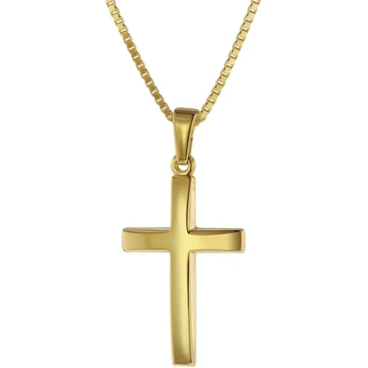 trendor Kreuz 21 mm Gold 585, goldplattierte Silberkette, 40 cm, elegantes Damen-Halskettenset mit Geschenkbox