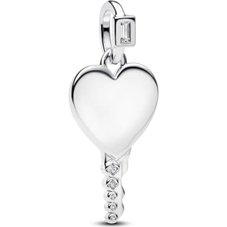 PANDORA Moments Gravierbarer Herz Schlüssel Anhänger mit Zirkonia, 14 Karat Gold vergoldet, kompatibel mit ME und Moments, 394353C01