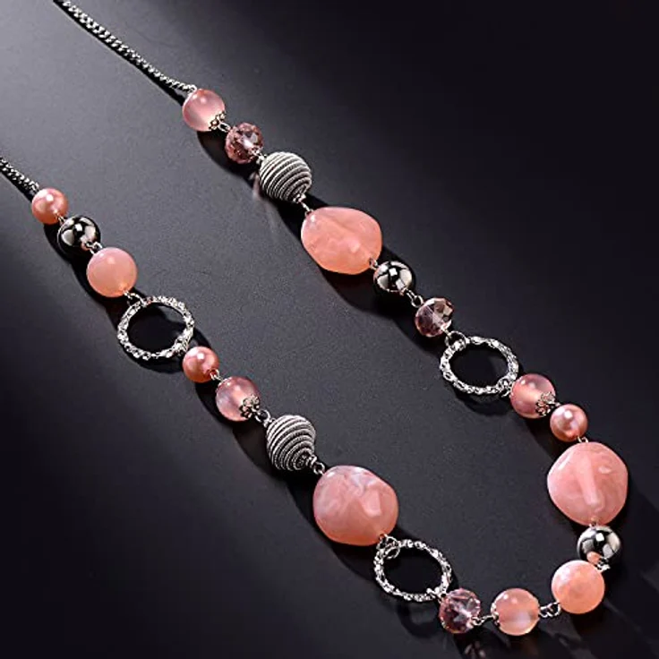 Bulinlin Lange Perlenkette für Damen, Statement Boho Silber Metall mit 35 Zoll + 3 Zoll Verlängerung in Pink, Modeschmuck für Hochzeitstag und Geschenke – Bild 3