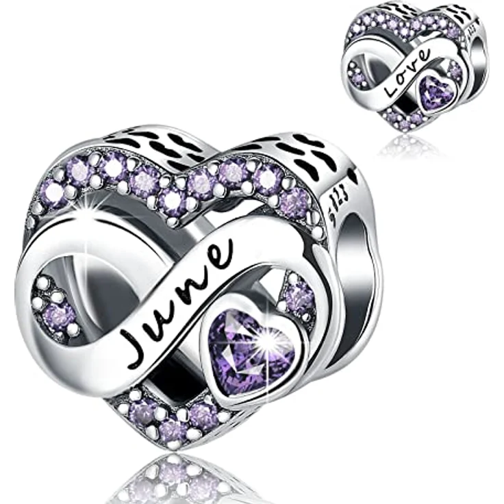 BIZK Damen Juni Geburtsstein Charm Anhänger, 925 Sterling Silber mit lila Zirkon Steinen, passend für Pandora Armbänder, ideales Geschenk für Frauen – Bild 1