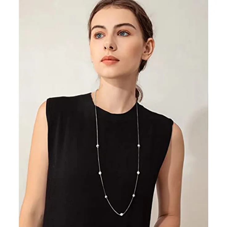 FULU AUTUMN Damen Statement Kette, Lange Perlenkette Silber, Zwei Strang Modeschmuck Halskette, anpassbare Längen 39"-43" – Bild 4