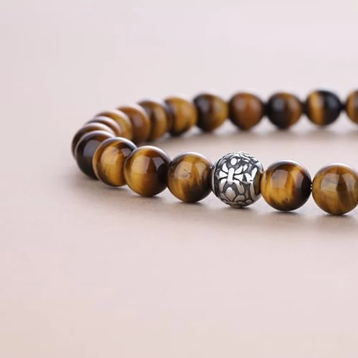 GAVU Braunes Tigerauge Kristall Perlenkette für Herren, 50 cm, Edelstahl Fleur De Lis Perlen, rostfrei und wasserdicht – Bild 5