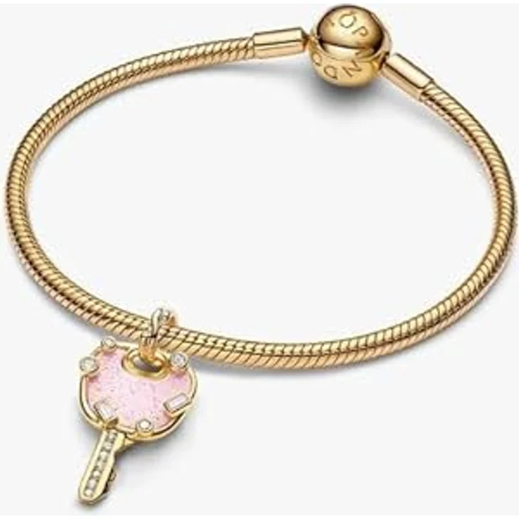 PANDORA Charmanhänger Liebesschlüssel, Opalisierender Rosa Stein, Goldfarben, Zirkonia – Bild 4