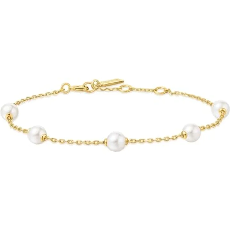 ANIA HAIE Damen Armband MISS DAINTY Gold Shell Pearl Station, 925 Sterling Silber 14k vergoldet, 5 Muschelperlen, 16,5 cm + 2 cm Verlängerung, inkl. Geschenkverpackung – Bild 1