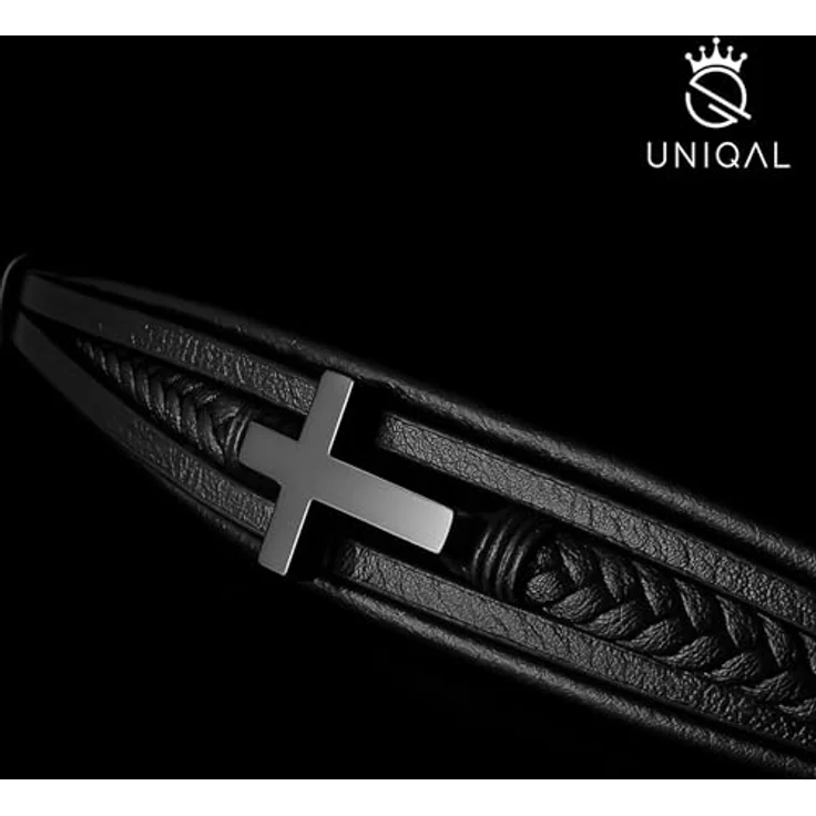 UNIQAL Kreuz Lederarmband Herren „HEAVEN“, Echtleder Armband mit Kreuz, schwarzes Cross Bracelet, verstellbarer Magnetverschluss, Geschenkbox inklusive, 23 cm mit Verlängerung – Bild 5