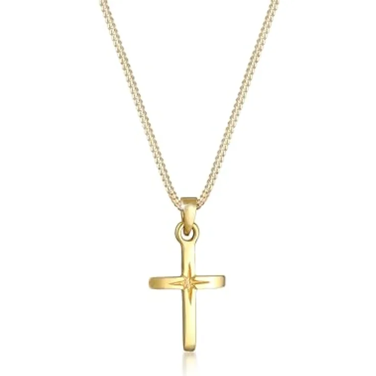 Elli Halskette Damen Kreuz Anhänger mit Sterngravur, 925 Sterling Silber, anlaufgeschützt, handgefertigt, ideal als Geschenk