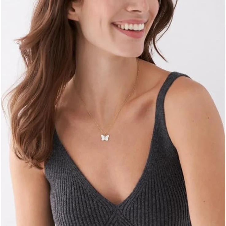 FOSSIL Damen Edelstahl Schmetterlings-Anhänger Halskette, goldfarben mit Karabinerverschluss, poliertes Finish – Bild 2