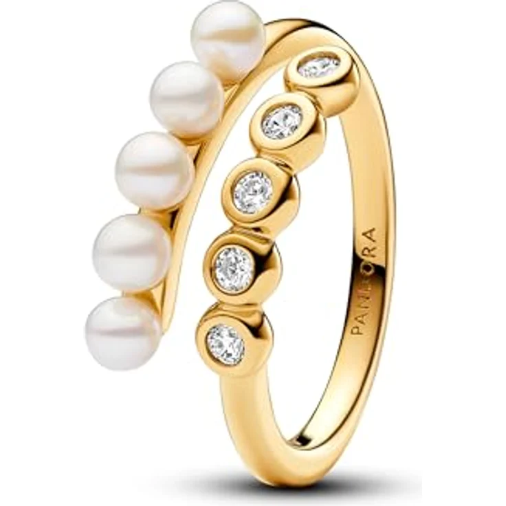 PANDORA Timeless Offener Ring aus Sterling Silber mit vergoldeter Legierung, behandelten Süßwasserzuchtperlen, Zirkonia und graviertem Logo, Größe 54 – Bild 1