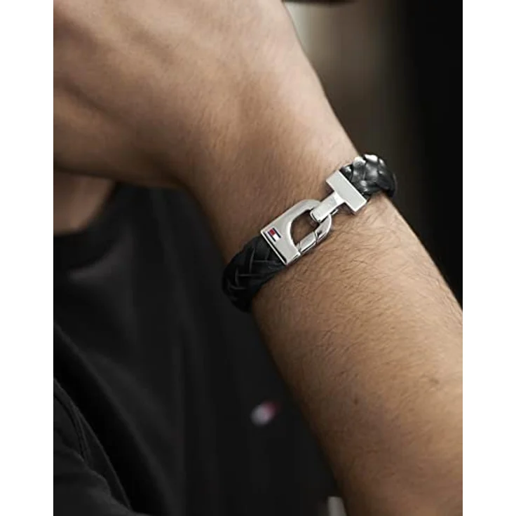 Tommy Hilfiger Jewelry Herren-Armband, geflochtenes Leder, Edelstahlverschluss, 20.5 cm, schwarzes Leder mit graviertem Schriftzug – Bild 2