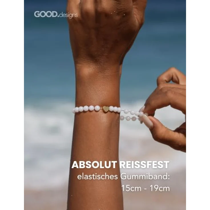 GD GOOD.designs Edelstein Mondstein Armband mit 18K vergoldetem Edelstahl Herz | Wasserfestes Perlenarmband mit echten 6 mm Naturstein Perlen, elastisch 15–19 cm, inkl. Schmuckbeutel – Bild 4