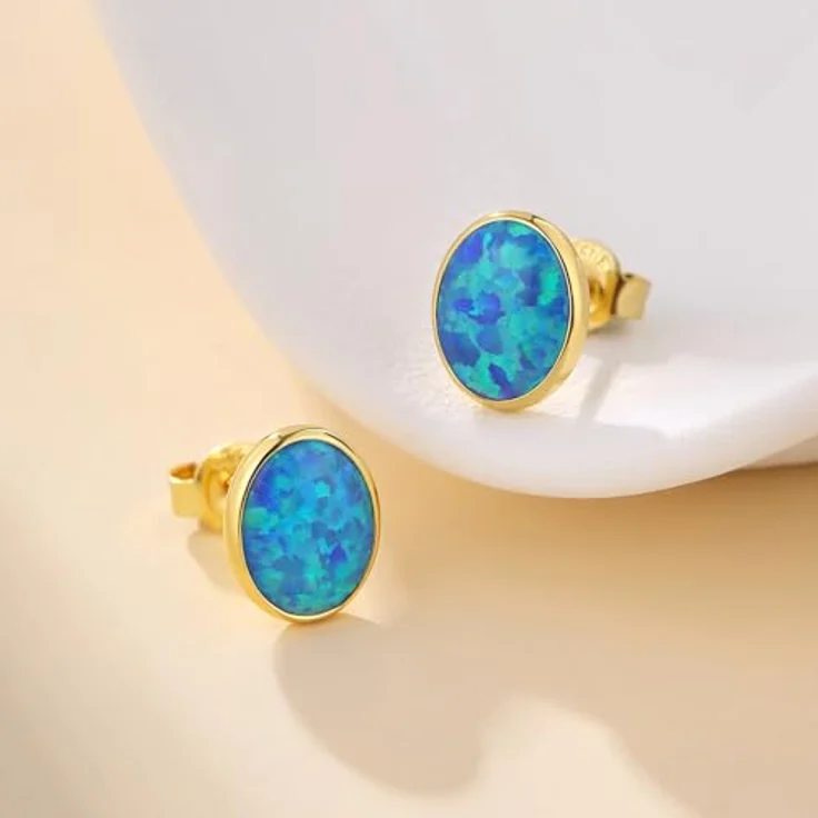 Jiahanzb Opal Ohrringe, 925 Sterling Silber Ovalschliff, Blaue Hypoallergene Ohrstecker 7 mm Vergoldet für Damen – Bild 2