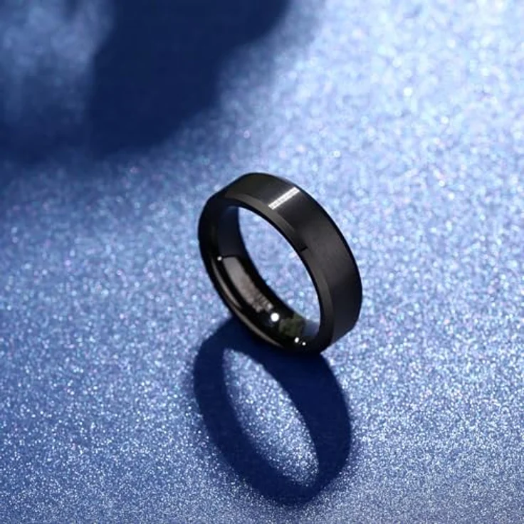 083BASE Unisex Wolfram Ring Schwarz/Silberblau, Gebürstetes Metall-Design mit schrägen Kanten, 4mm/6mm/8mm Breite – Bild 3