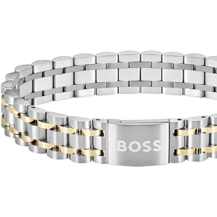 BOSS Owan Armband für Herren, zweifarbig aus Edelstahl mit goldfarbener Ionenplattierung, 190 mm, magnetischer Verschluss und Logo-Gravurplatte – Bild 2