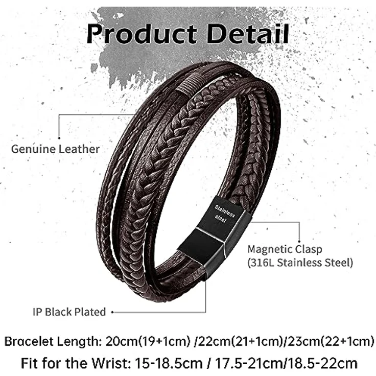 Speroto Lederarmband für Herren, geflochtenes Herren Armband aus Rindsleder und Edelstahl, Braun Style C, 23 cm – Bild 5