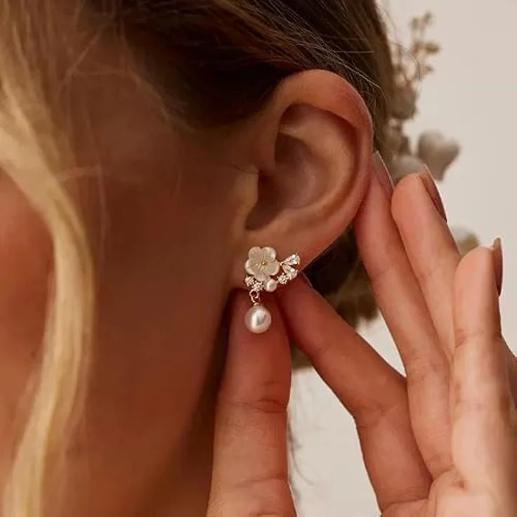 HARJJME Blumen Ohrringe 925 Silber, 14K vergoldet, hängend mit Perlen und Zirkonia, hypoallergen, 5,3 cm lang, Geschenkbox für Frauen – Bild 5