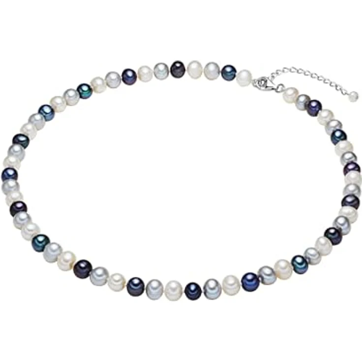 Valero Pearls Damen Perlenhalskette, Süßwasser-Zuchtperlen 7-8 mm Potato in Weiß/Silber/Blau, 925 Sterling Silber, geknotet, Multicolor – Bild 3