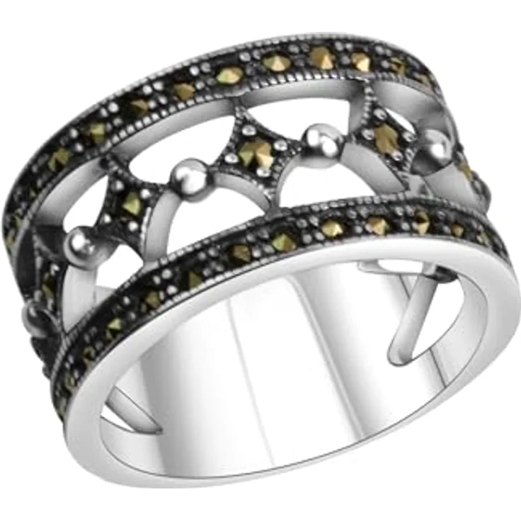 Zeeme Gemstones Damen Ring 925/- Sterling Silber geschwärzt, veredelt mit 40 Markasit-Steinen, inkl. Etui