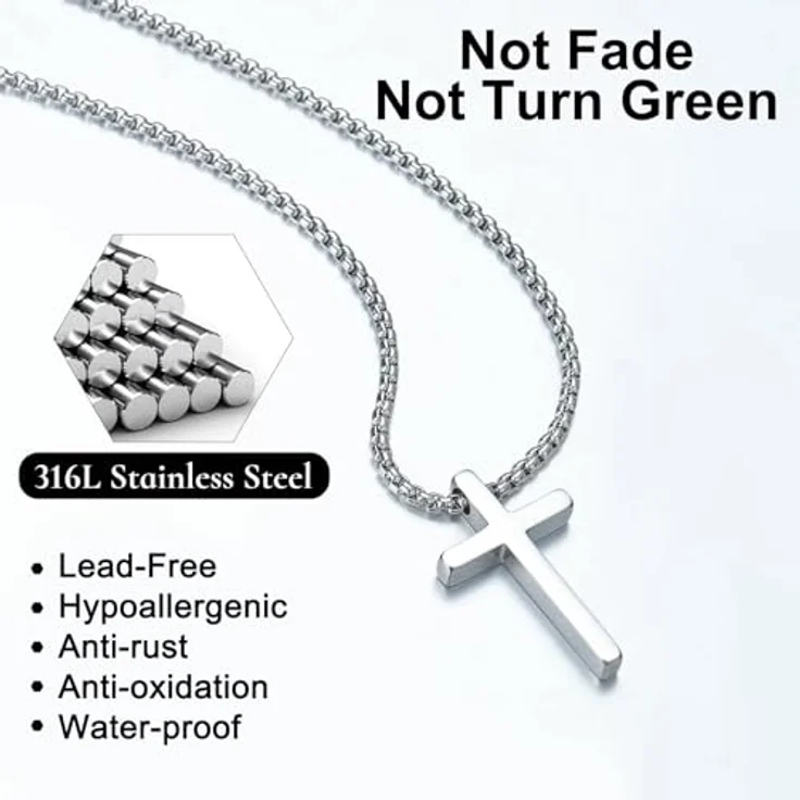 TINGN Kreuzkette Herren, Edelstahl Halskette mit Kreuz Anhänger, hypoallergen, 16"-30" verstellbar, schwarz und silber – Bild 4