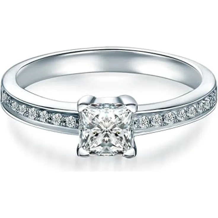 Trilani Damen-Ring Sterling Silber, Zirkonia weiß im Brillantschliff, Verlobungsring mit Pavékranz, elegantes Lederetui inbegrepen