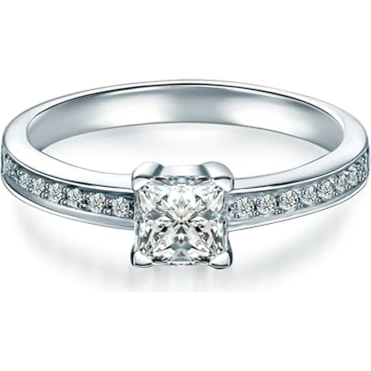 Trilani Damen-Ring Sterling Silber, Zirkonia weiß im Brillantschliff, Verlobungsring mit Pavékranz, elegantes Lederetui inbegrepen – Bild 1