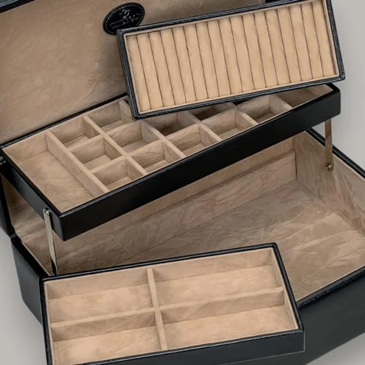 Windrose Charmbox Merino Moda, Schmuckkästchen mit 2 herausnehmbaren Einsätzen, schwarz-legacy, handgefertigt in Lederoptik – Bild 4