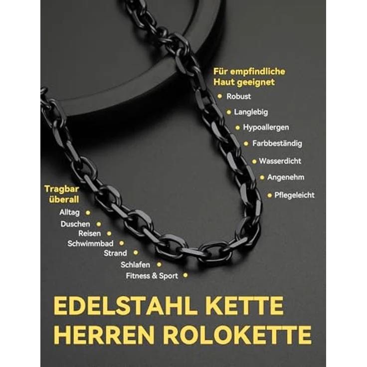 ChainsHouse Anker Kette Schwarz Edelstahl Rolo Kette 9mm Herren, 61cm Gliederkette mit Karabinerverschluss, robust und antiallergen – Bild 4