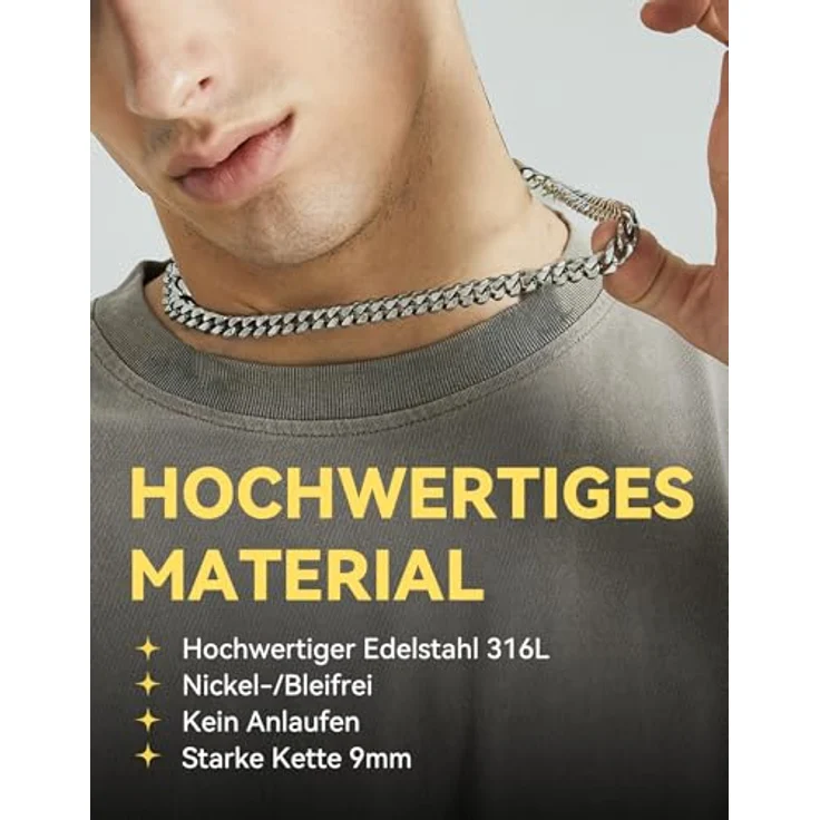 ChainsHouse Herren Edelstahl Kette 61cm, Kubanische Panzerkette 9mm, robuster Halsschmuck für Hip Hop und Mode – Bild 2