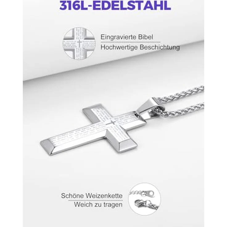 Richsteel Kreuzkette Edelstahl, Unisex Kreuz mit Vaterunser, 18k vergoldet, Schwarz/Silber, für Jungen und Herren – Bild 4