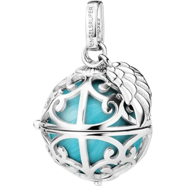 Engelsrufer Damen Anhänger ER-23-26-S, Sterling Silber mit flügel und wechselbarer Klangkugel S in Türkis, Anhänger zum Öffnen, Größe 19,5 cm
