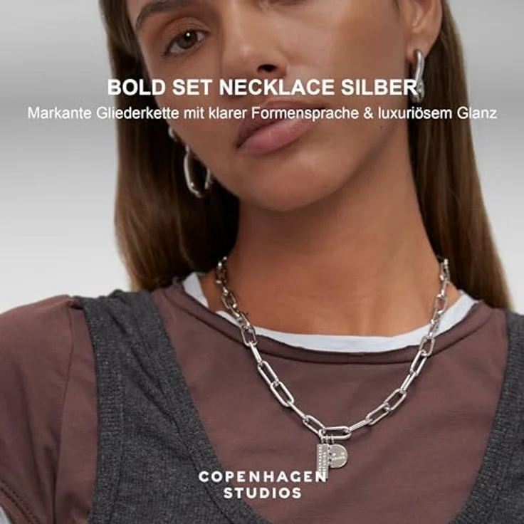 COPENHAGEN STUDIOS Bold Link Necklace, silber, Halskette aus poliertem Edelstahl, verstellbar bis 50 cm, wasserfest & hautfreundlich – Bild 2