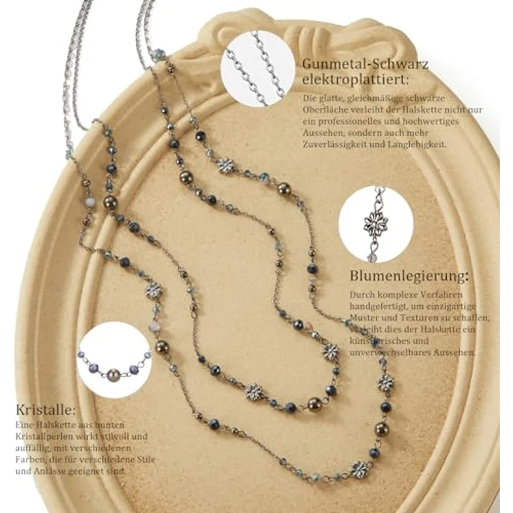 FULU AUTUMN Lange Perlenkette Damen mit Silber und Schwarz, Vintage Statement Kette aus Kristallen und Perlen, elegantes Modeschmuck Geschenk für Frauen (Blau) – Bild 5