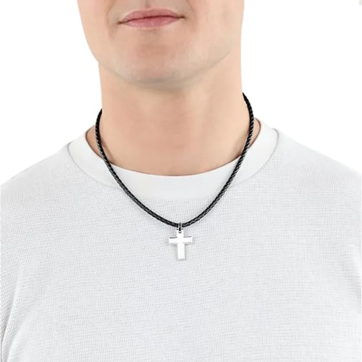 s.Oliver Herren-Halskette mit Kreuzanhänger, Edelstahl und echtes Leder, Längenverstellbar, Silber/Schwarz – Bild 2