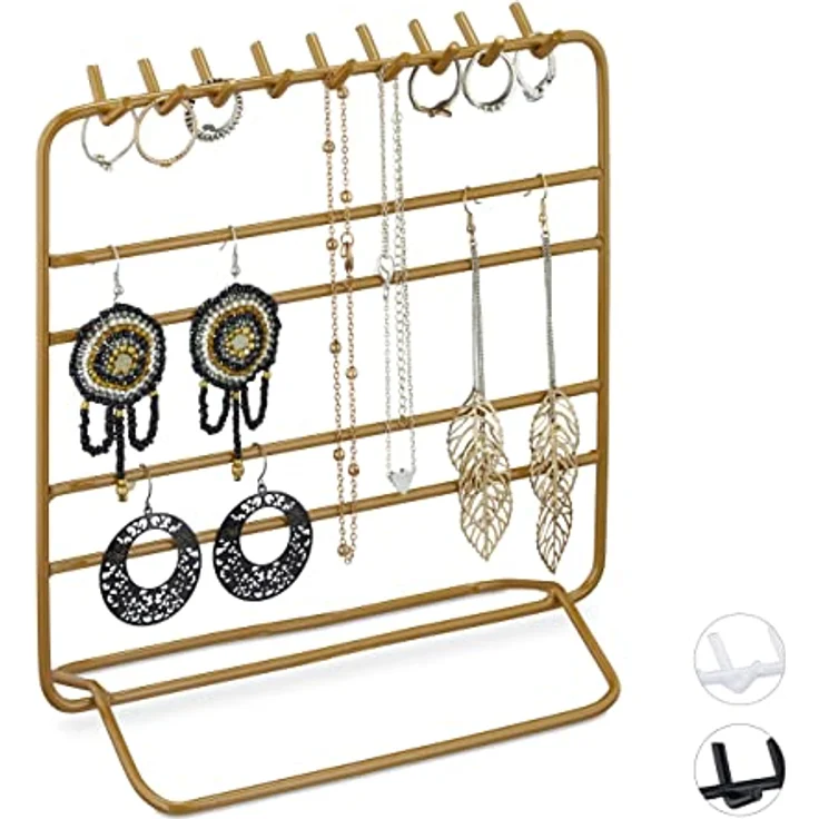 Relaxdays Schmuckständer Gold, Organizer für Ketten, Ohrringe und Armbänder, HBT 21x20x10 cm mit 18 Haken und 4 Querstangen – Bild 1