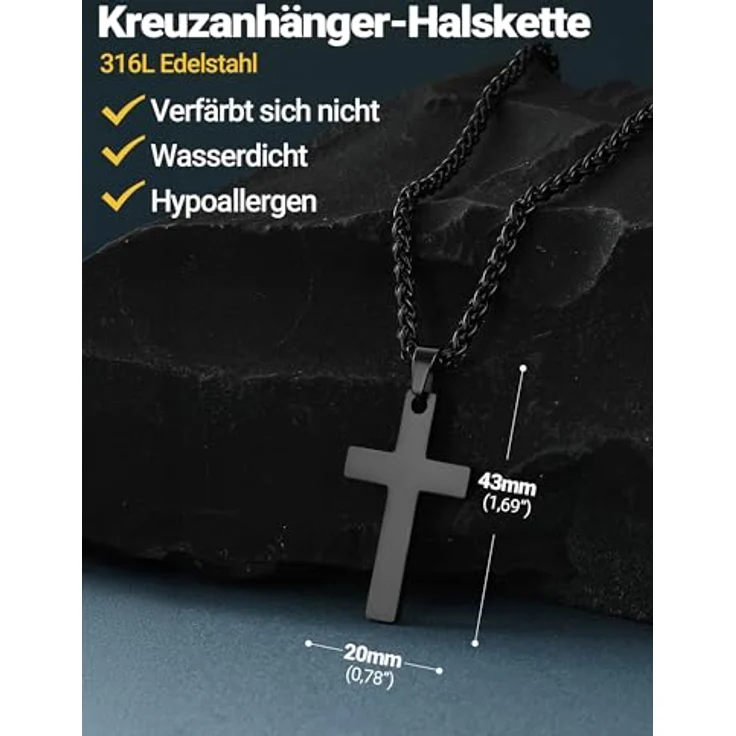PROSTEEL Edelstahl Kreuz Kette, Halskette mit großem Kreuz-Anhänger 43mm*20mm, verstellbar 50cm/55cm, Schwarz, Christentum Schmuck – Bild 2