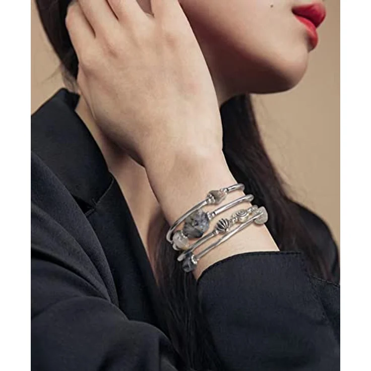 FULU AUTUMN Damen Boho Armband mit mehrlagigen Perlen aus Silber, Wickelarmband aus Natursteinen, Geschenkbox, grau – Bild 4