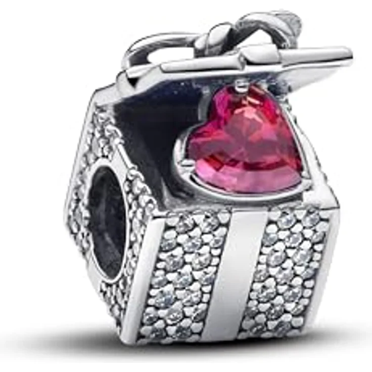 PANDORA Moments Funkelndes Geschenkbox Charm, Sterling Silber mit Zirkonia und rotem Herzstein, kompatibel mit Moments Armbändern, 793603C01 – Bild 2