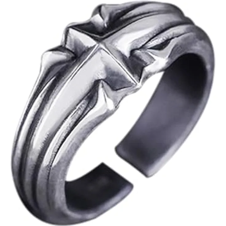 KONFEN Stern Herren Ring, Verstellbarer Wikinger Ring aus hypoallergener Legierung, Vintage Hip Pop, Silber