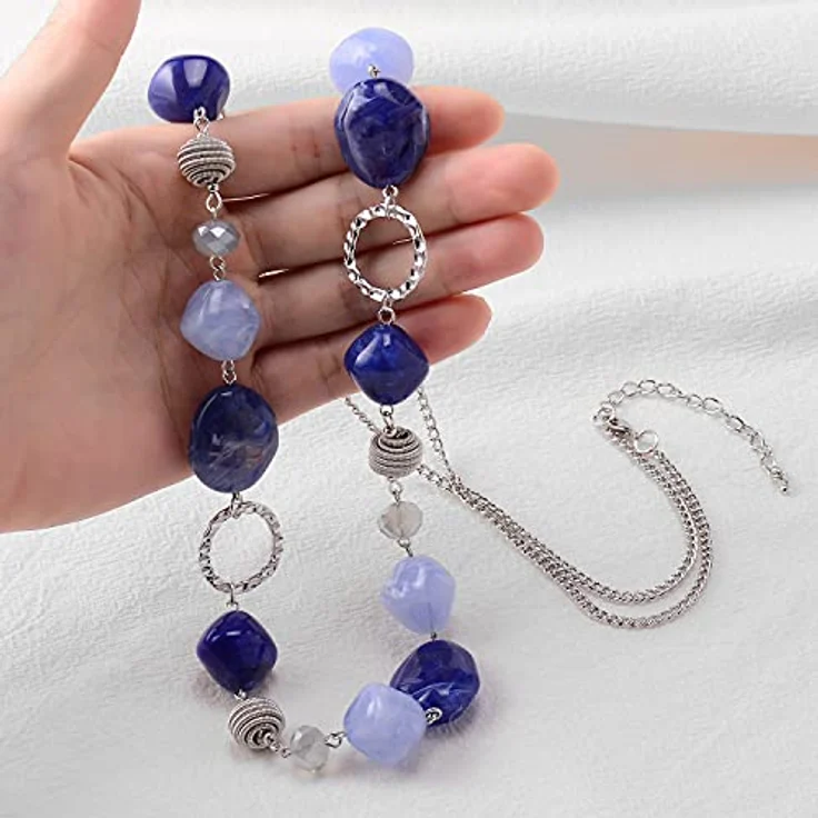 Bulinlin Lange Silber Perlenkette für Damen, Boho Statement Chain Halskette in Dunkelblau, Modeschmuck für Geburtstagsgeschenke – Bild 3