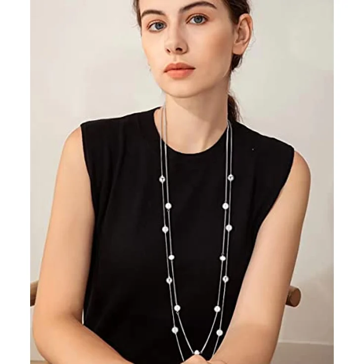 FULU AUTUMN Damen Statement Kette Lange Perlenkette Silber, zwei Strang Modeschmuck Halskette, anpassbare Längen, Geburtstagsgeschenk (16-White) – Bild 3