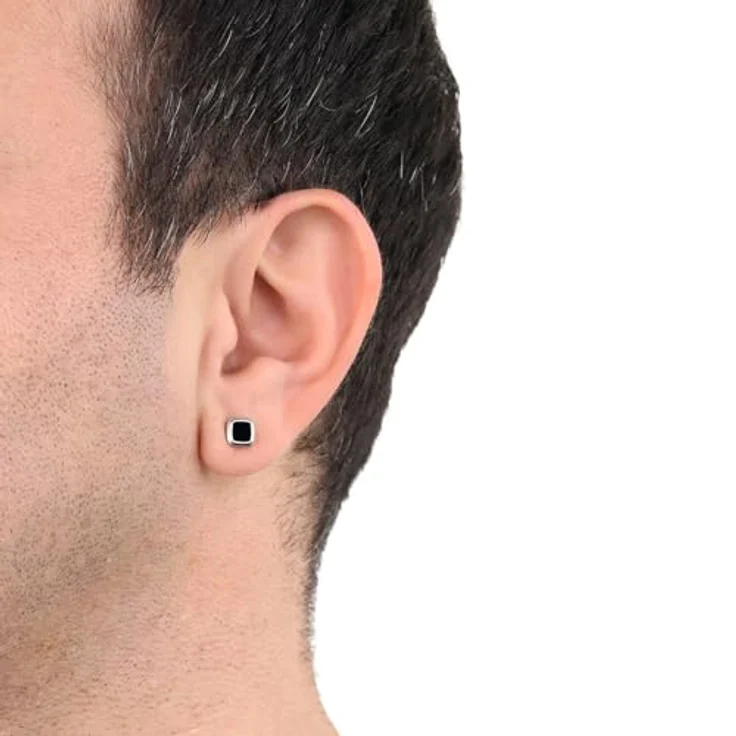 Amor Ohrstecker Edelstahl Herren Ohrschmuck mit Achat, 0,7 cm, Schwarz, in Schmuck Geschenk Box – Bild 2