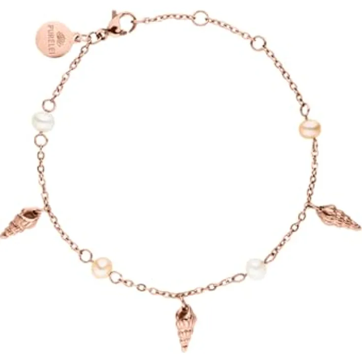 Purelei Akala Armband Damen – Muschelanhänger & echte Süßwasserperlen – 18K rosévergoldeter Edelstahl – Verstellbar 16–19 cm – Wasserfest (Rosegold)