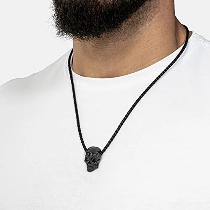 SERASAR Lederkette Herren mit Totenkopf Anhänger, 50cm schwarz, Echtleder Kordelkette in Schmuckschatulle – Bild 3