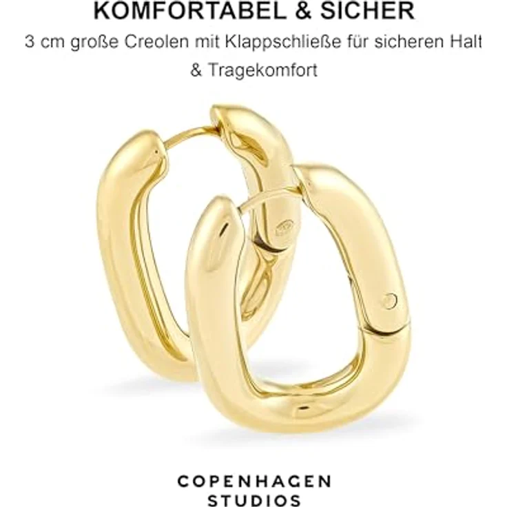COPENHAGEN STUDIOS Creolen Organics, goldfarbene Damenohrringe aus poliertem Edelstahl mit 14K Vergoldung, organisches Design, Klappschließe, wasserfest & hautfreundlich – Bild 4