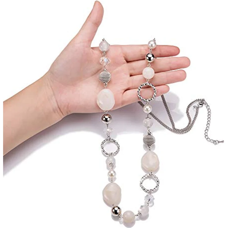 Bulinlin Damen Lange Perlenkette mit Silber-Metallkette und Harzperlen, Boho Stil, 35 Zoll+3 Zoll verlängerbar, Weiß – Bild 2