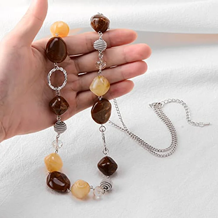 Bulinlin Silber Perplen Lange Kette, Boho Statement Chain Halskette aus Harz- und Metallperlen in Beige und Kaffee, 35+3 inches, für Damen - Modeschmuck Geschenkidee – Bild 3